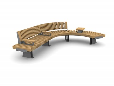 铁路边缘长凳组件包括直开始和弯曲的中端和端模块,与部分长度靠背,木顶扶手和平板表面。