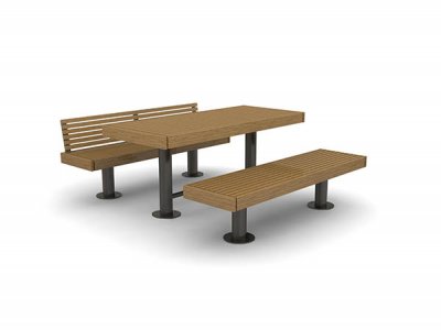 元件1850mm长x 810mm标准野餐桌,带木条、木饰板和PPC灰柱支架,所示为带长凳和1个带靠背长凳