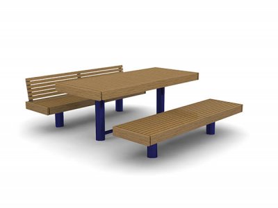 2450mm长x 810mm的标准野餐桌、木条、木饰板和PPC蓝柱支架,包括长凳和1个带靠背的长凳。根固定。