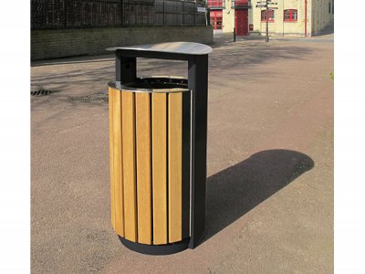 ARC 5T - PPC黑色Arca垃圾箱与iroko木条,不锈钢盖和孔边缘