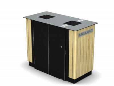 ARC 7DT - PPC黑色双Arca垃圾箱与iroko木材条,香烟梗和激光切割图形