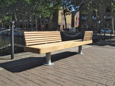 Elements 2.4m seat with small timber slats, timber fascias, galvanised steel post supports, 2-person and 1-person backrests (ELES212T7676-5251KNG)