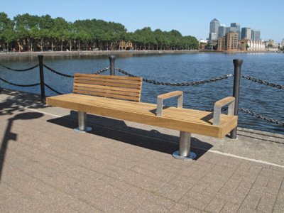 Elements 2.4m seat with small timber slats, timber fascias, galvananised steel posts, 2-person backrest and armrests with timber tops (ELES112T7676-4161KNG)