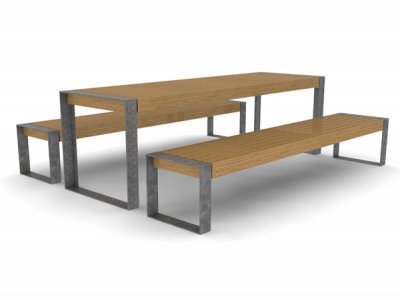 元件2600mm长x 810mm标准野餐桌,带木条、木饰板和镀锌画框支架,显示有2个长凳