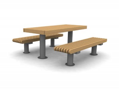 铁路循环野餐桌与铁路内联狭窄的长凳