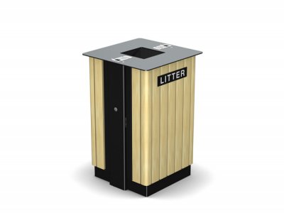 arc7t - PPC黑色钢Arca垃圾箱与iroko木材条，烟头和激光切割图形